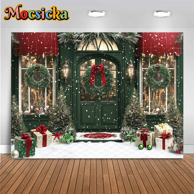 Mocsicka 크리스마스 녹색 집 배경 사진 겨울 눈송이 파티 사진 배경 활 화환 나무 문 장식 배너