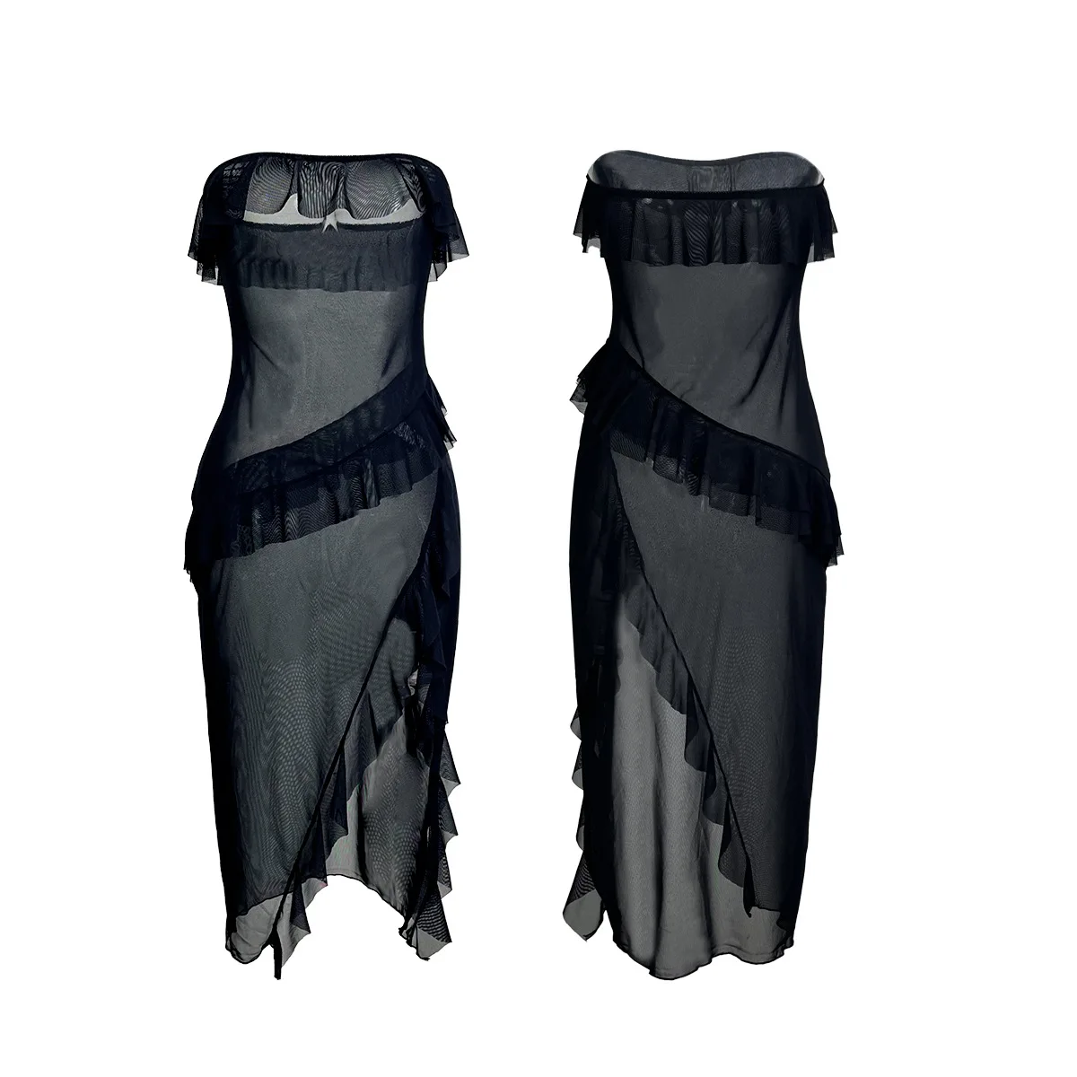 شبكة الحمالات المرأة منامة تنورة بلون كلمة واحدة الكتف ملابس خاصة الشباك حافة منظور سبليت فستان نوم مثير #6