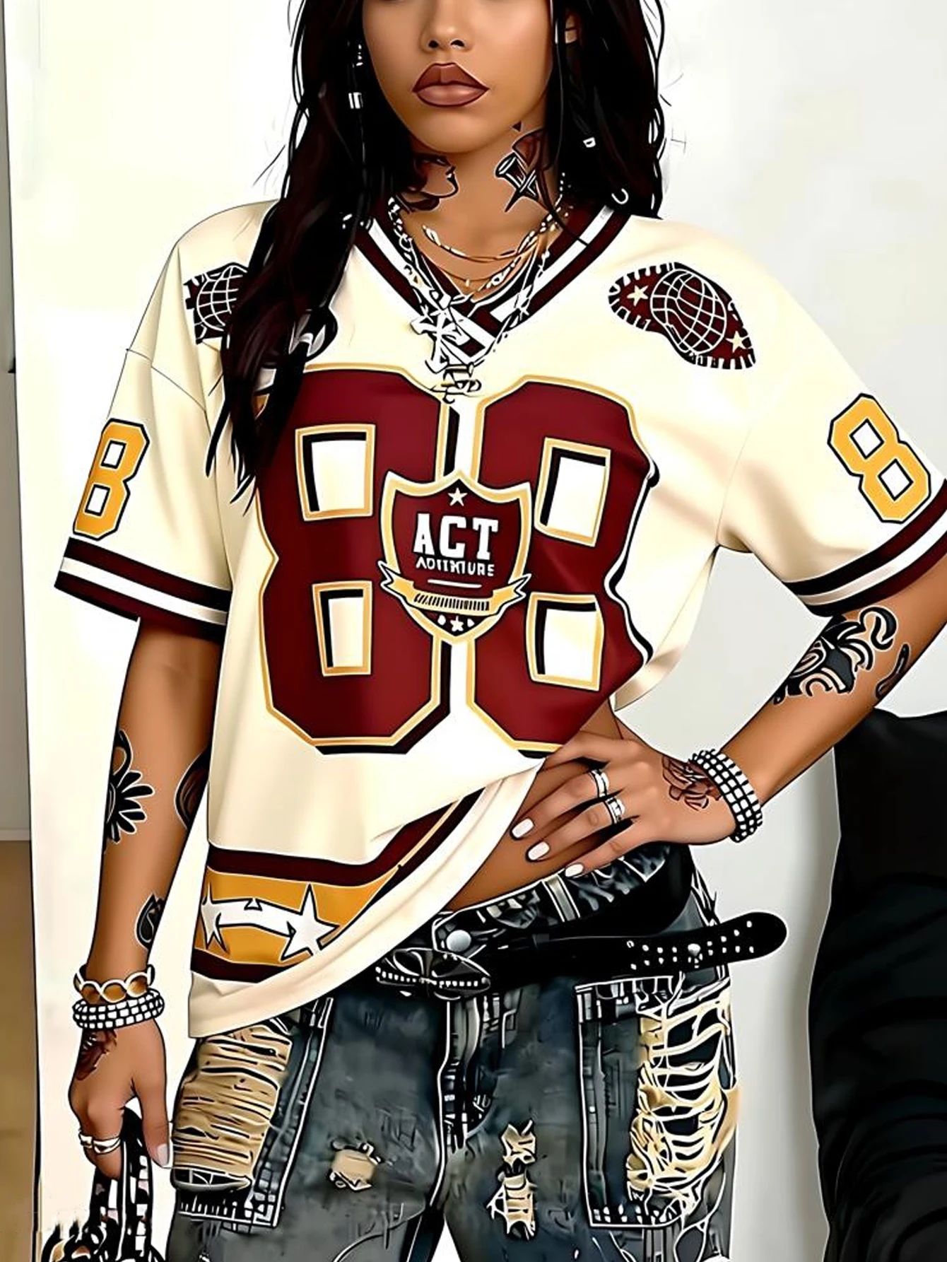 플러스 사이즈 여성 의류 2025 신상 V넥 디지털 프린트 티셔츠 풀오버 탑 데일리 필수템