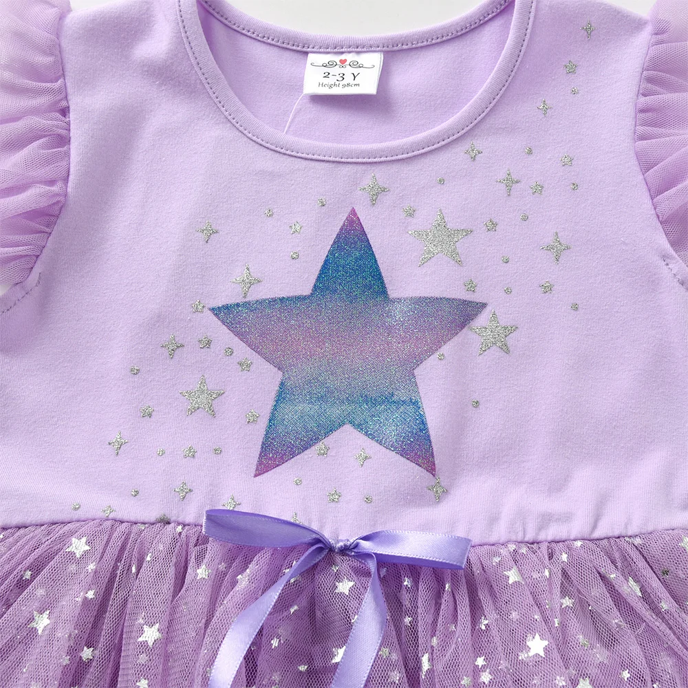 VIKITA Kleinkinder-Kleid mit glitzerndem Sternenmuster, Kinderkleid, lavendellila, Ombre-Tüll, Netzstoff, Rüschenärmel, Sommer, lässig, Party, Prinzessinnenkleid – Detail 5