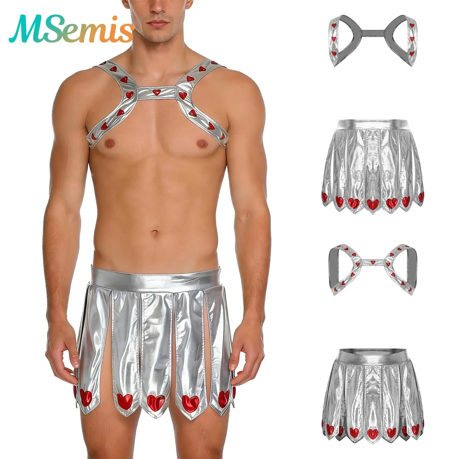 

Mens Metallic Shiny Cupid Cosplay Costume Heart-embellished Chest Harness And Slit Skirt Set Halloween Themed Party Costume