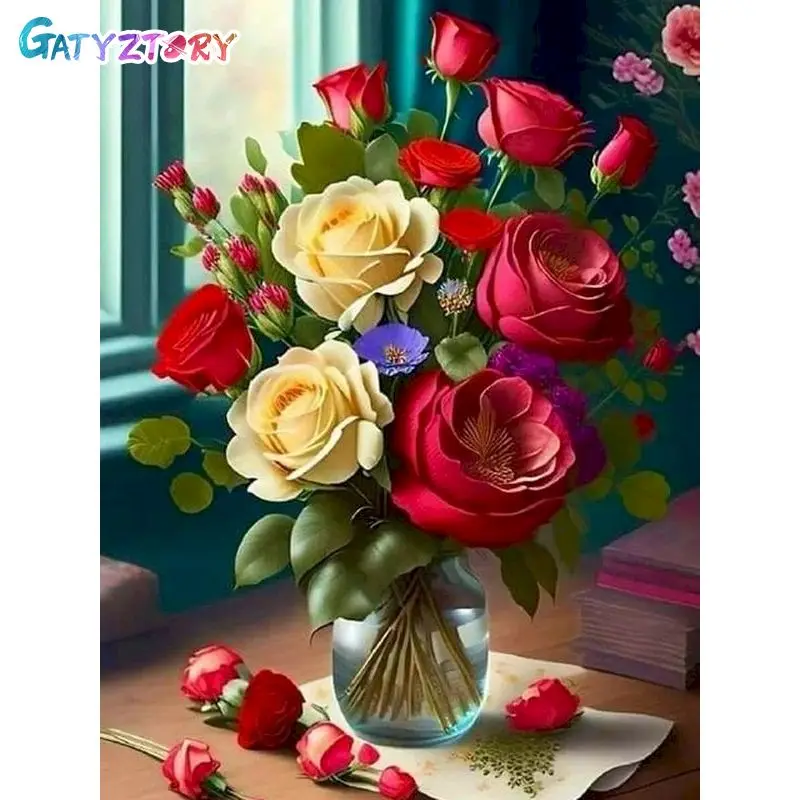 

GATYZTORY Frame Rose Vase Diy Painting By Numbers For Adults Kits Flowers Picture On Numbers Acrylic Paint For Home Decors