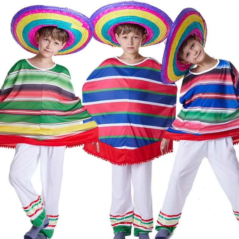 Halloween Mexican Ethnic Customs Cosplay Costume Kids Stripe Cloak Shawl Straw Hat Children Boys Girl Masquerade Ball Suit