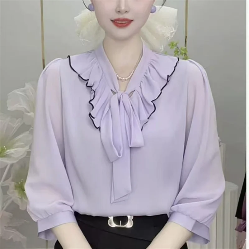 

Женские рубашки, блузка, белая, розовая, фиолетовая шифоновая рубашка, новинка 2026, лето-осень, рукава три четверти, утягивающая рубашка с галстуком-бабочкой, топ