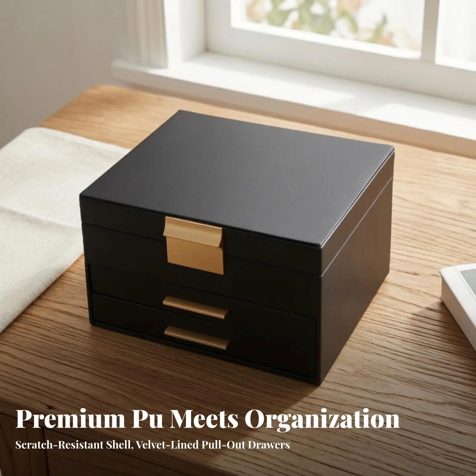 Sturdy Jewelry Organizer Box with Mirror and Builtin LED Light Layered Drawers for Rings Earrings Necklaces Display
