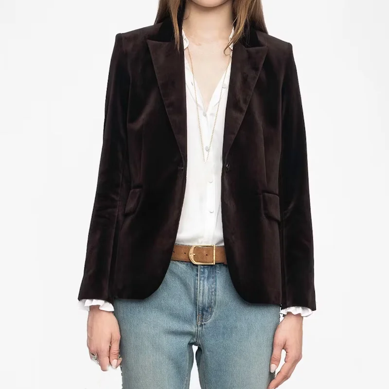 

Brown Velvet Blazer Women Casual Pocket Lapel Coats Ladies Black Formal Occasion Winter Tops Zadig Female Blazers 2025 Jackets