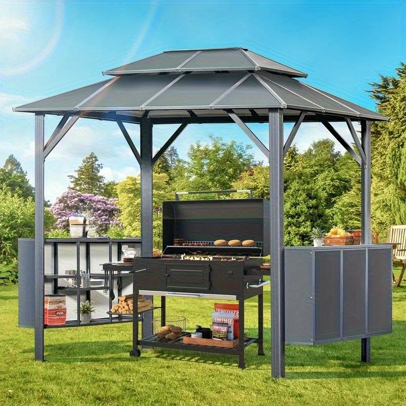 

EROMMY 8 x 6 FT Permanent Aluminum Grill Gazebo Double Roof Patio Shelter with Ceiling Hooks and Shelves