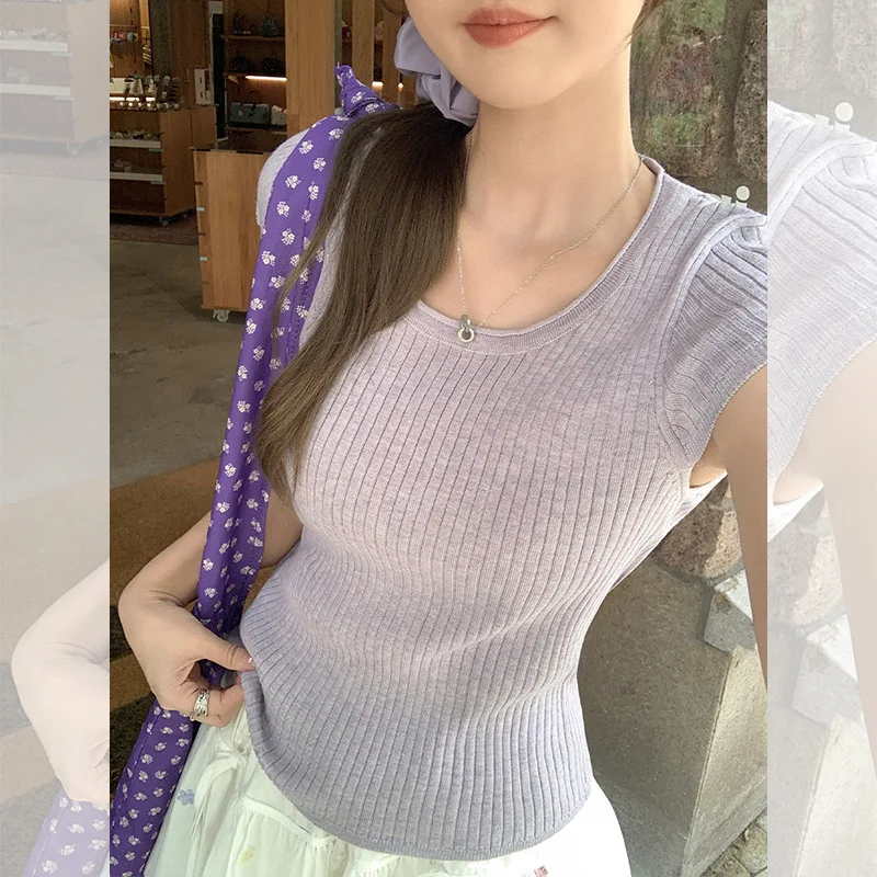 

Solid Color Basic Regular Shoulder Round Neck Knitted Short Sleeve T-Shirt for Women Summer New Slim Fit Sexy Sweet Spicy Girl