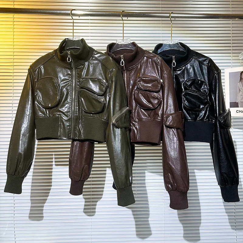 

American Streetwear Punk Leather Coat Women Vintage Stand Collar Baseball Jackets 2025 Spring Autumn Loose New Tops Mujer