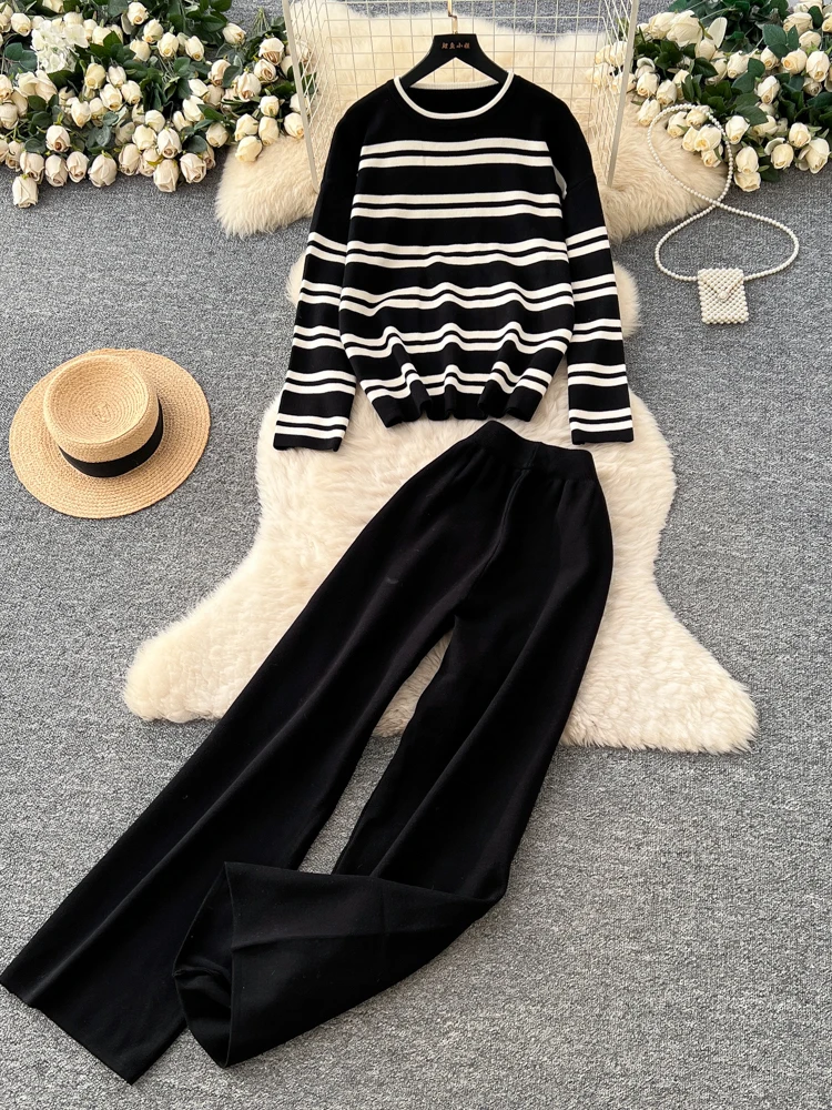 

Шикарный ретро-цветной полосатый круглый трикотажный топ Ne Long Sve с высокой талией и широкими брюками, модный осенний наряд для...