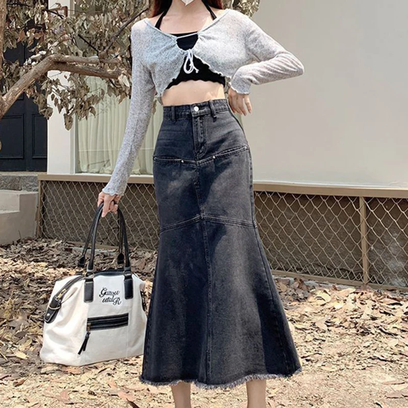 Vintage Frauen Denim Röcke Lose Beiläufige Hohe Taille Raw Kanten Quaste Midi Rock Koreanische Patchwork Taste Elegante Meerjungfrau Röcke