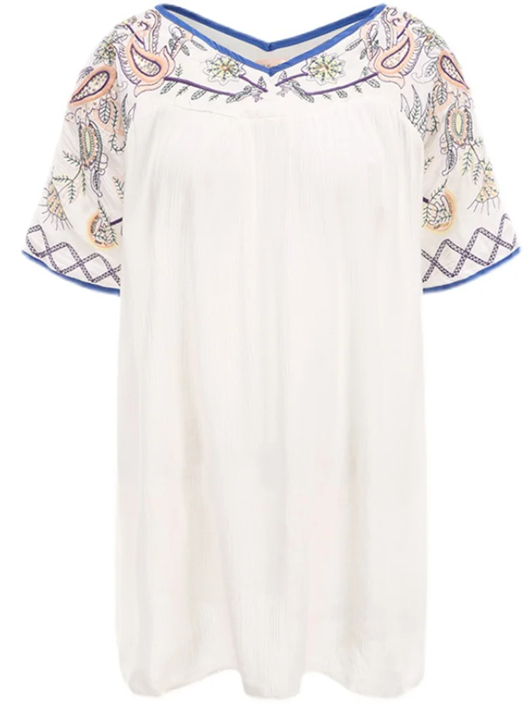 KHALEE YOSE Boho Floral Embroidery Blouse Shirt Cotton Loose White Flare Sleeve V-neck Women Vocation Ladies Blouse Top Blusa