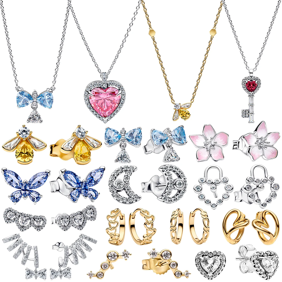 Pendientes de Plata 925 con Gema Azul, Lazo, Flor Rosa, Mariposa, Luna, Corazón y Ala, Collar con Colgante, Joyería Fina para Mujer