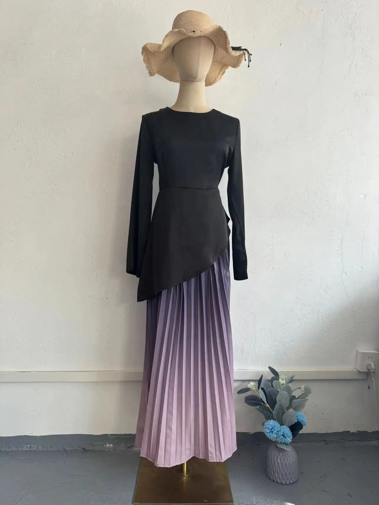 Street Tie-dyed Gradient Pleated Dresses Spring Women O-neck Long Sleeves Dress Autumn High Waist Big Swing Ankle Length Dress