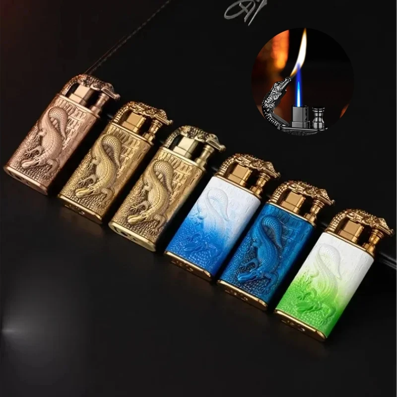 Personalized Double Fire Crocodile Head Gas Lighter Metal 3D Relief Windproof Direct Charge Conversion Open Fire Lighter