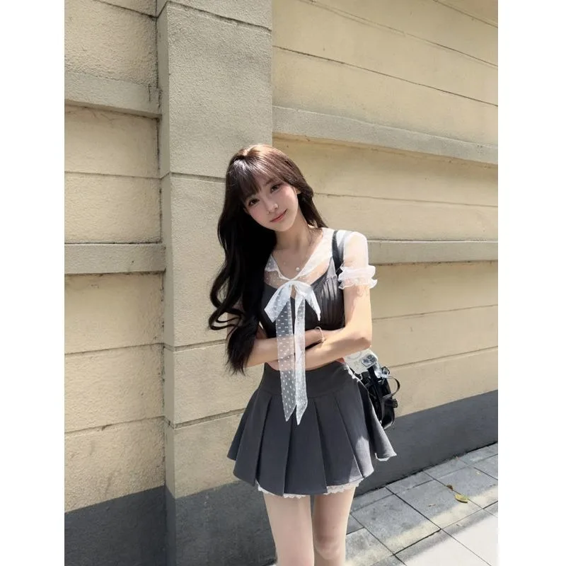 Spicy Girl Fashion Polka Dot Top Gray Sling Bra Pleated Skirt Three Piece Set Women College Lace Up Splice Sweet Slim Summer Set