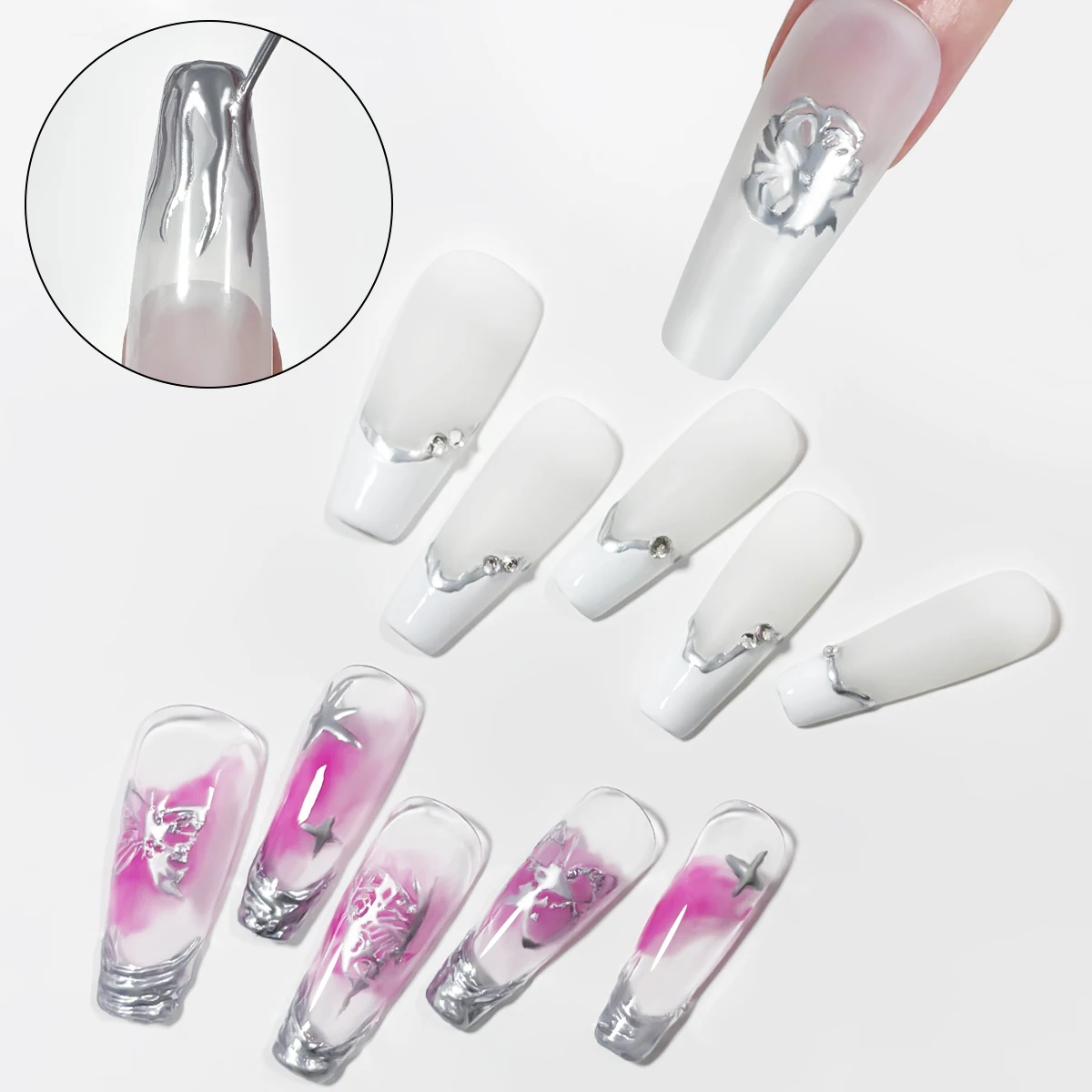 7 ml silbernes metallisches Nail-Art-Gel, hochglänzendes Spiegel-Finish, festes Muster, niedrig allergen, ovale Form, Nail-Art-Kleber für Ped