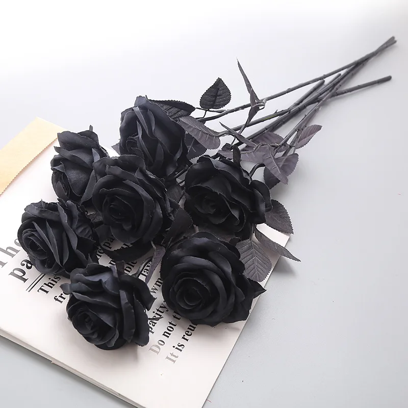 New Pure Black Single Rose Halloween Ghost Festival Horror stile gotico Bouquet Dark Series decorazione Garden Room Decor plantas