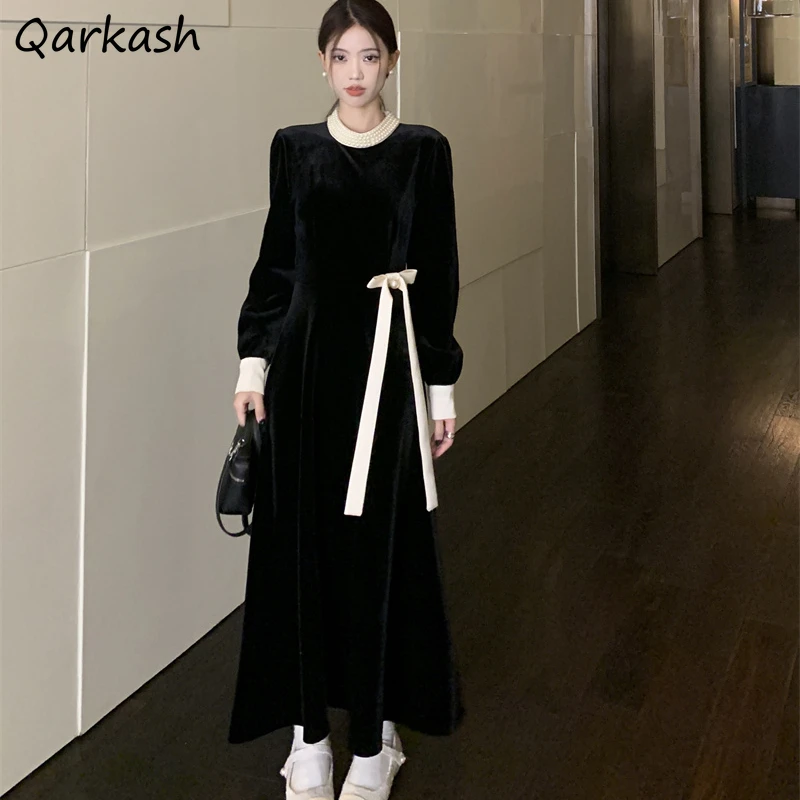 Mock Collar Dress Women Midi Pearls Korean-style Bow A-line Gentle Long-sleeve Elegant Velvet Trendy Defined Waist Temperament