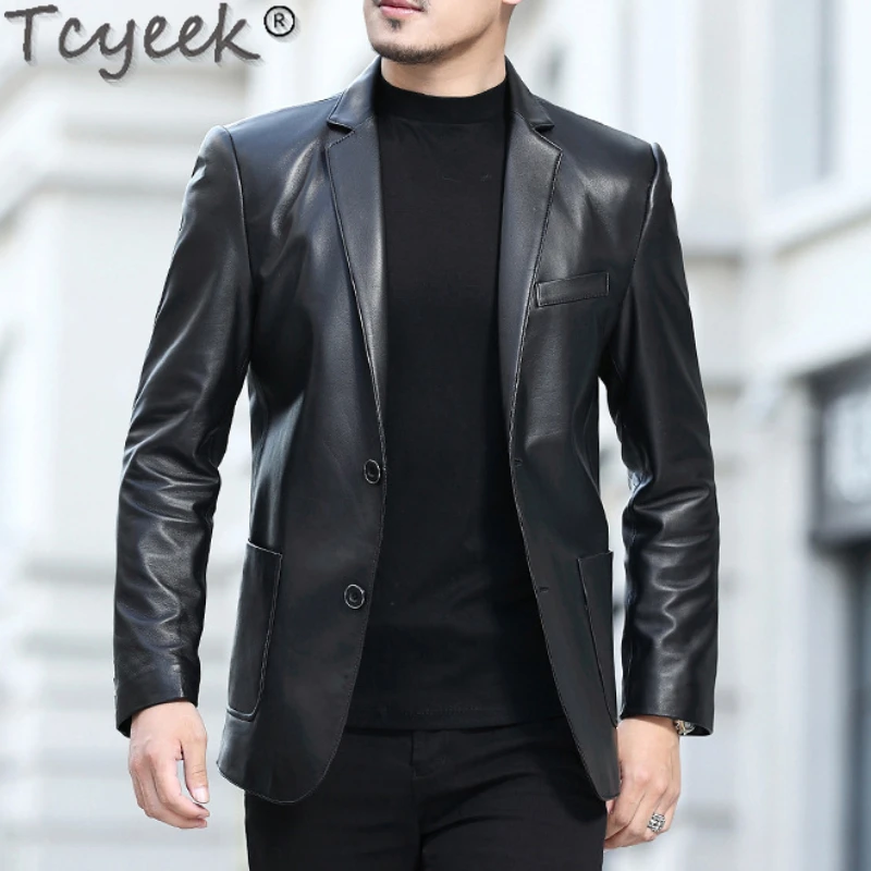 

Tcyeek Sheepskin Leather Jacket Men Clothing Black Short Men's Blazer Spring Motorcycle Jacket Suit Man Plus Size Blazer Hombre