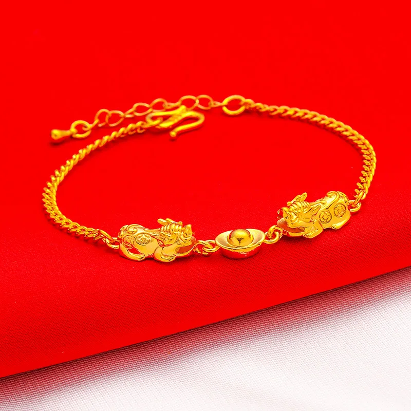 

Mencheese 2024 New Brass Gilt Pixiu Bracelet Imitation Gold Women's Bracelet Korean Alluvial Gold Lucky Beads Ornament