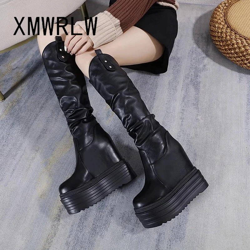 XMWRLW Women\'s Knee-High Boots Leather Platform Shoes Hidden Heel Women Shoes Thick Sole Women High Boots Autumn Winter Boot