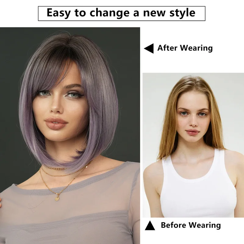 Women's wig gradient gray-purple short straight hair side-swept bangs bob style synthetic fiber machine-made