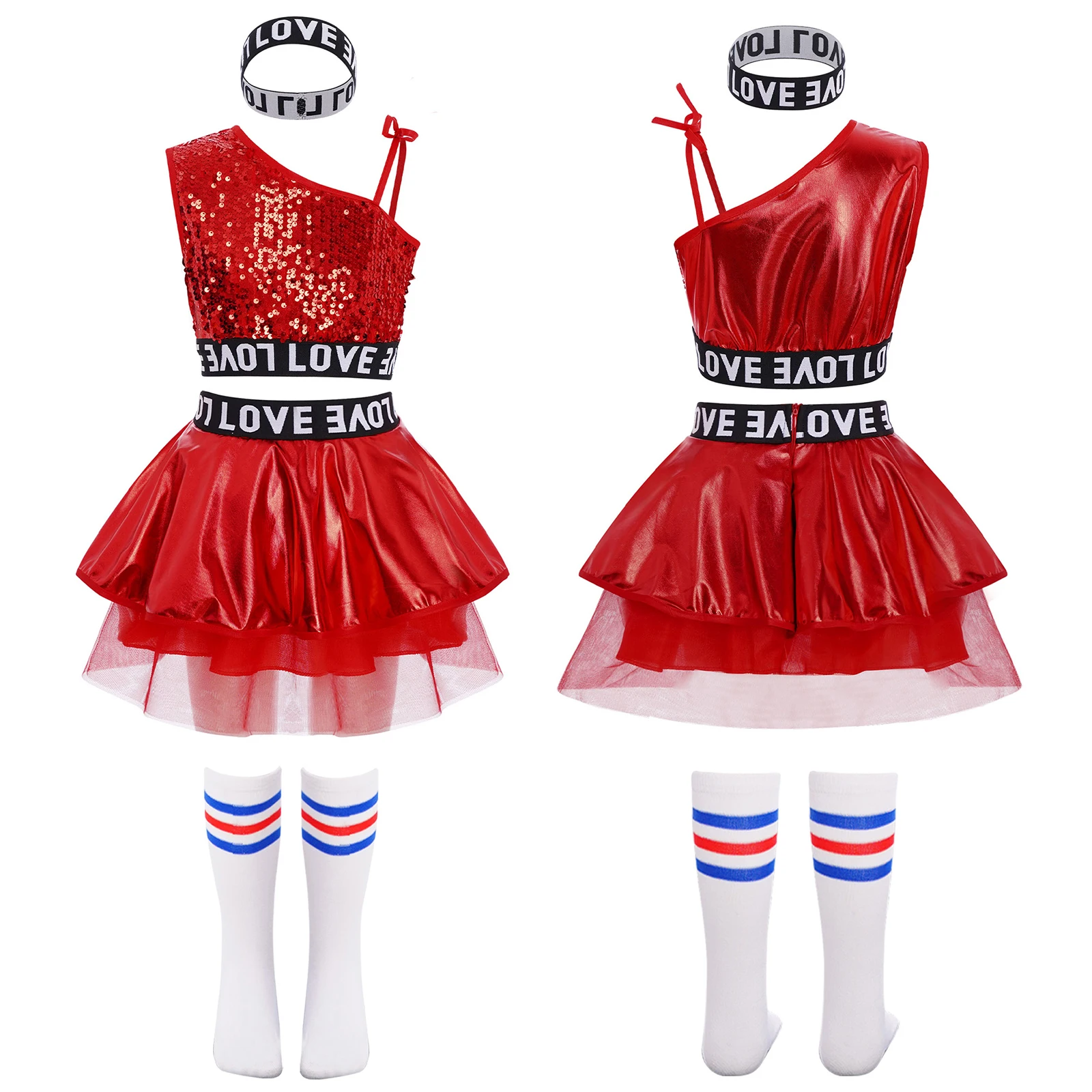 

Kids Girls Hip-Hop Jazz Dance Outfit Sequins Sleeveless Vest Crop Top+Metallic Tutu Skirt+Letter Printed Hairband+Striped Socks