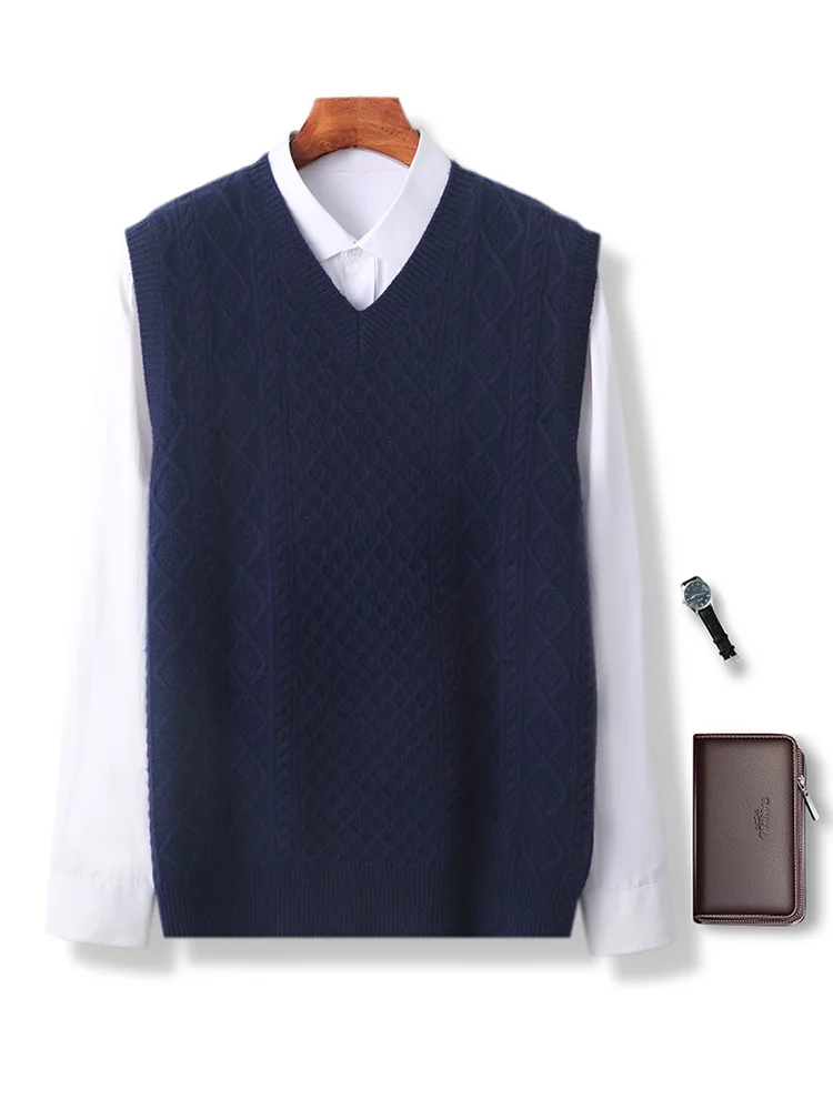 100% ميرينو الصوف الرجال الخامس الرقبة الخريف الشتاء سميكة الدافئة البلوز سترة موضة عادية محبوك سترة صوف من دون أكمام سترة