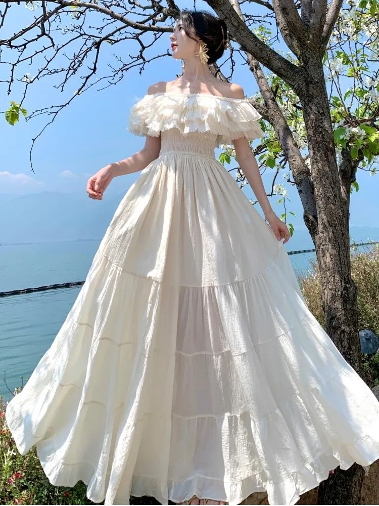 Feminino elegante sem alças em camadas babados a linha vestidos bege sexy fora do ombro magro plissado vestido longo roupas de festa de férias