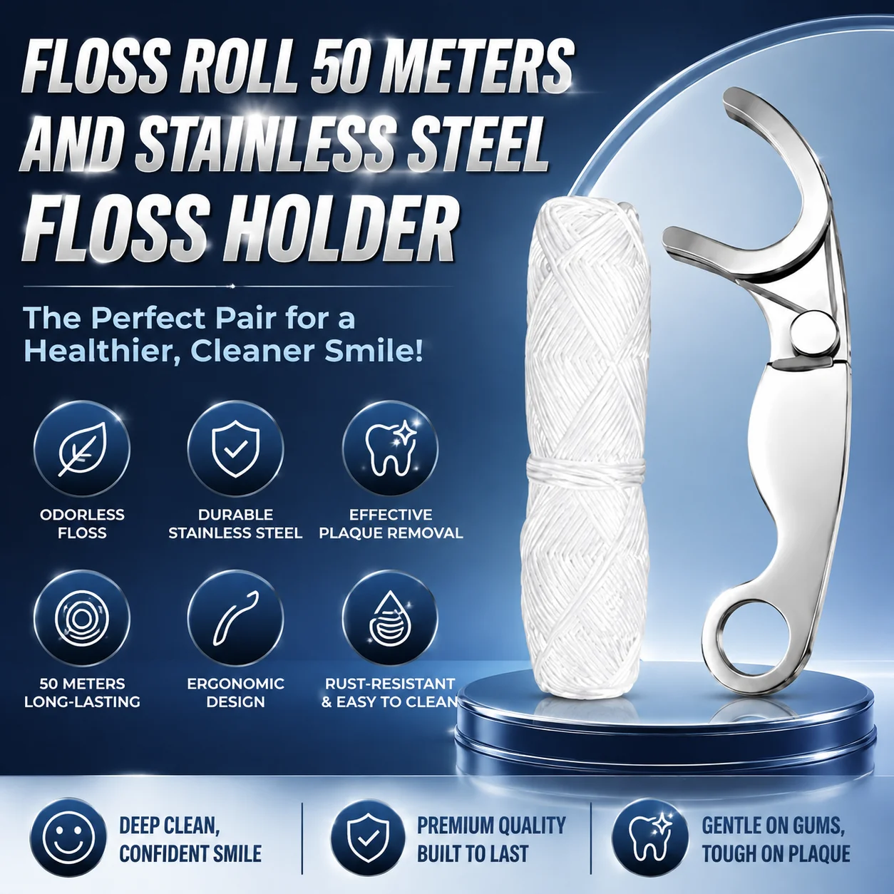 Stainless steel floss holder with 50 m floss roll, ergonomically designed reusable metal floss handle，1/2/5