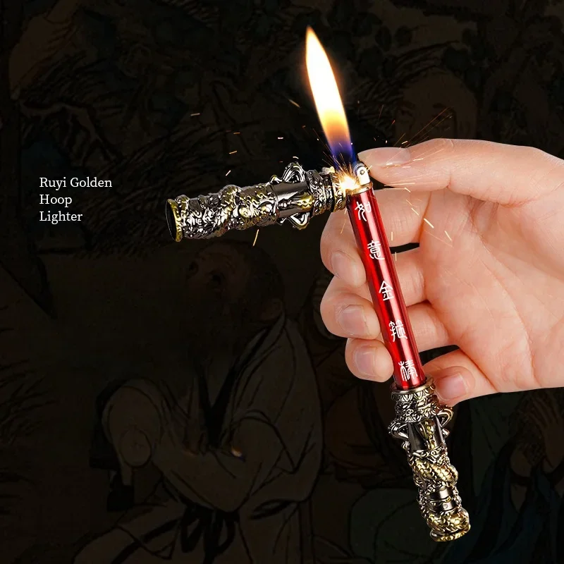 Black Wukong Ruyi Gold Hoop Butane Gas Lighter Creative Double Section Stick Grinding Wheel Funny Monkey King Lighters Smoking
