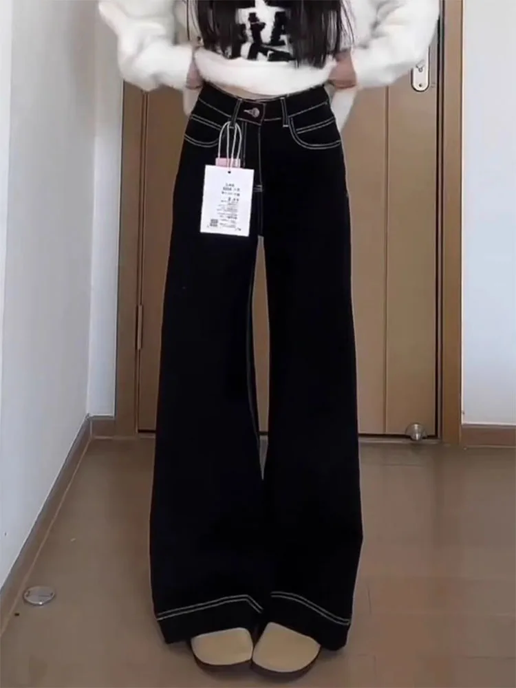 

Большие размеры, драпированные джинсы с высокой талией и подкладкой Fce, женские осенне-зимние свободные прямые брюки длиной до пола