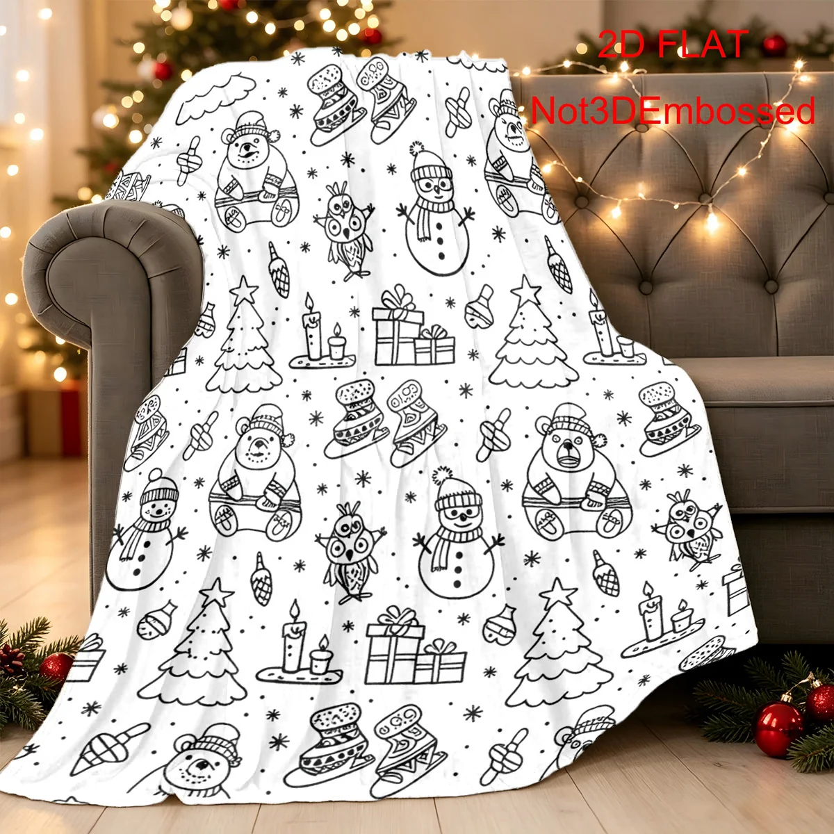 1pc 2D Flat Healing‑Style Christmas Coloring Printed Throw Blanket, Black‑White Festive Decor Blanket, Warm Multi‑Purpose