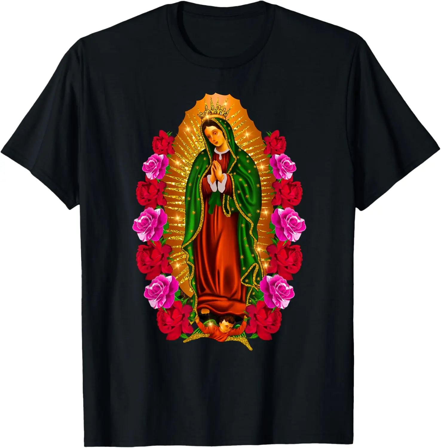 

Virgen De Guadalupe Saint Mary Roses Graphic Tee Cotton Crew Neck T-Shirt for Men