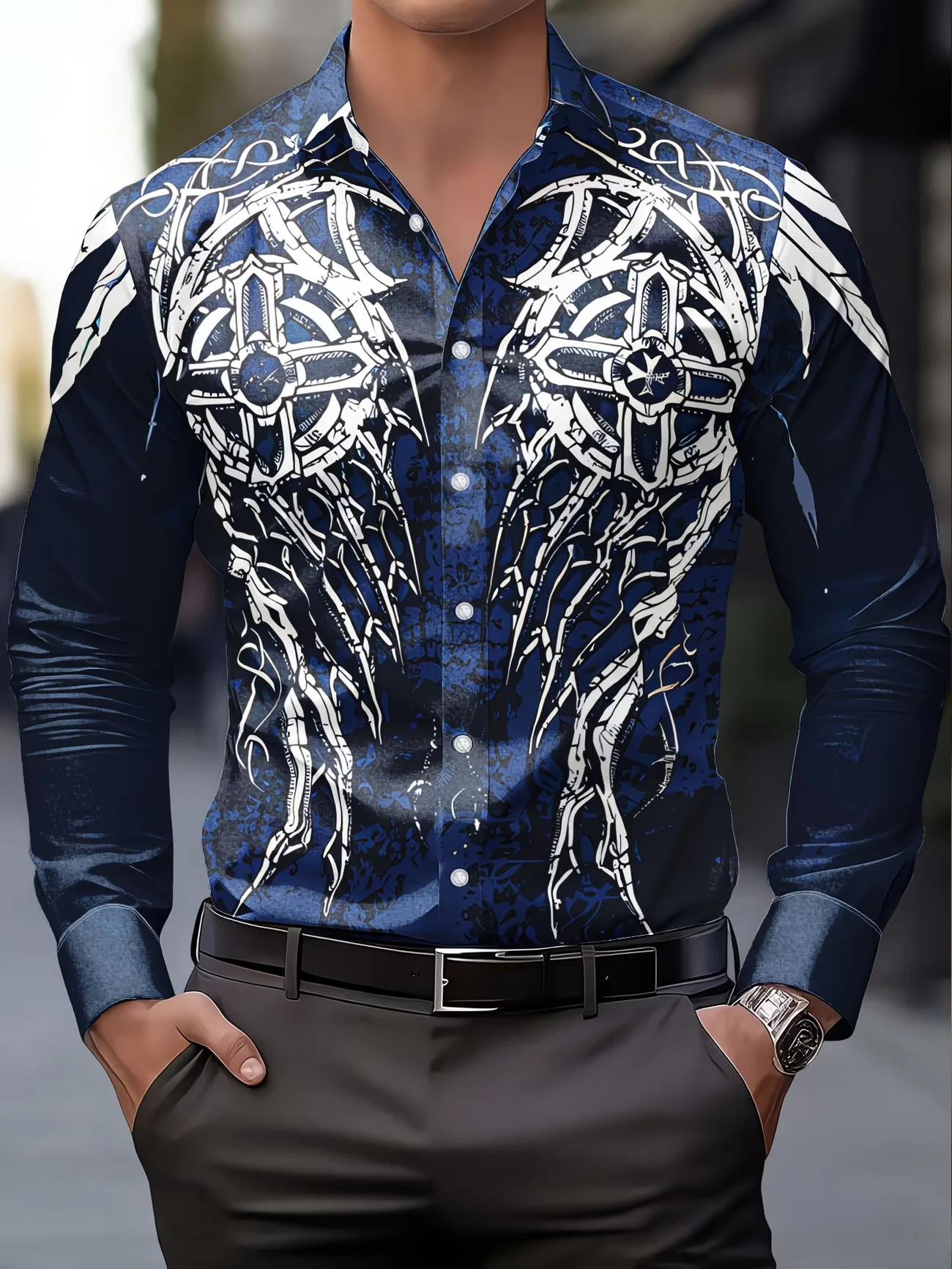 

Новая мужская рубашка с длинным рукавом, черным фоном, принтом красных фруктов и золотых листьев, с отложным воротником и в стиле фолк.