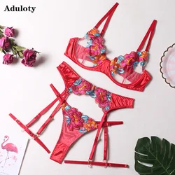 Aduloty Women's Sexy Lingerie Set Lace Embroidered Underwire Bra Garter Thong Set Thin Mesh See-Through Erotic Underwear