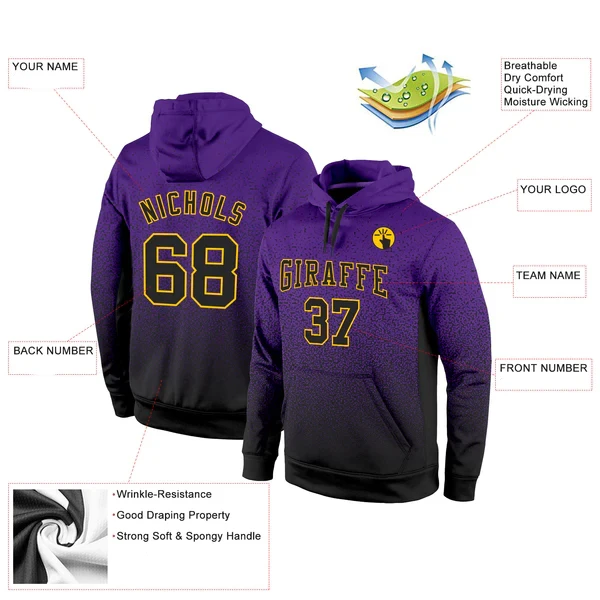 Custom Purple Black-Gold Fade Fashion Sports Pullover Sweatshirt Hoodie 3D Printed Sports Pullover Sweatshirt Hoodie