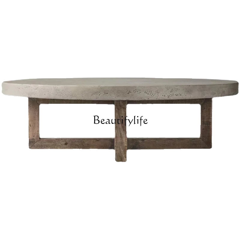 Mesa de centro Wabi Sandy Wind de madera maciza, cemento, gris, Retro, antigua, creativa, mesa redonda para casa de familia