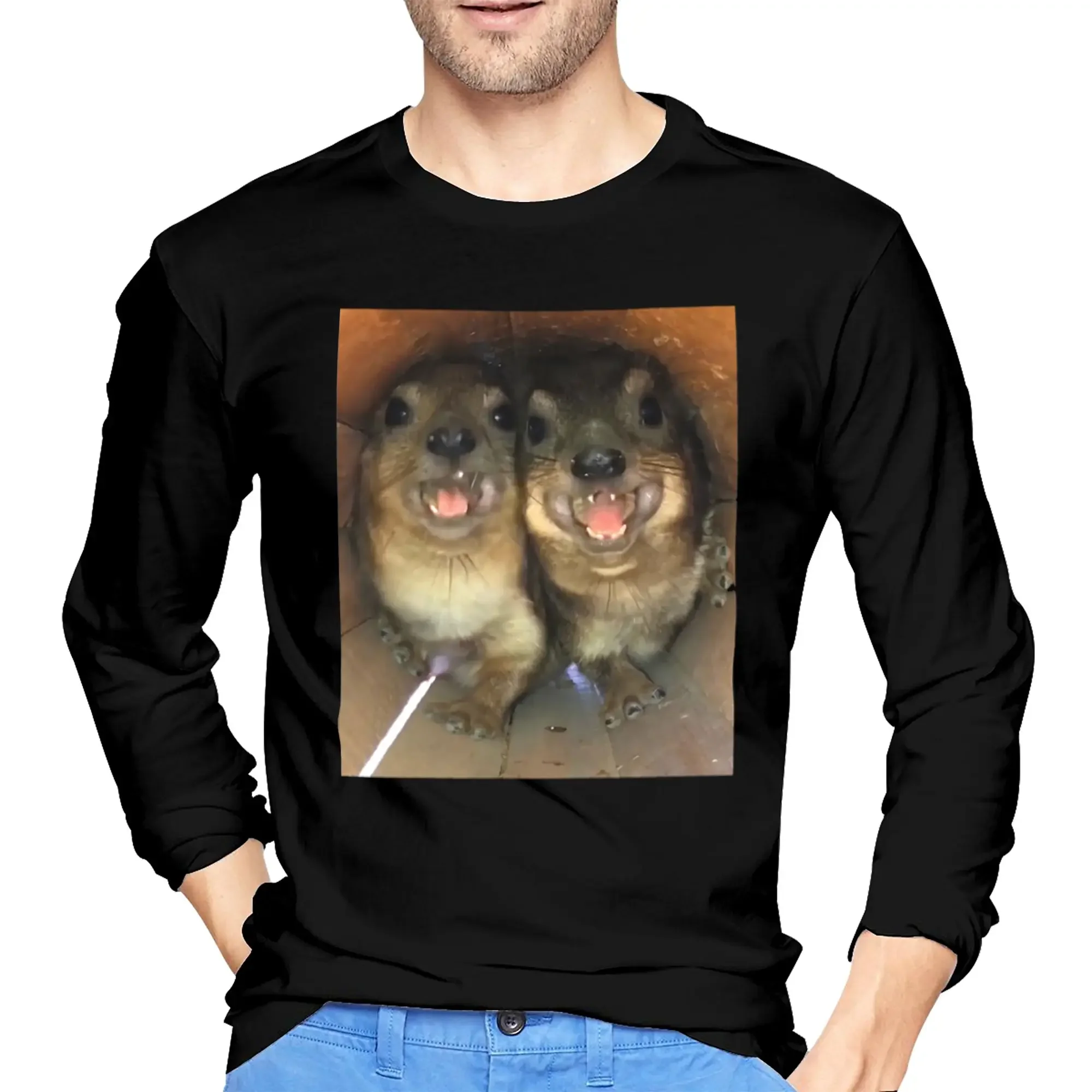 

Rock Hyrax funny meme Men's Long Sleeved T-shirt Casual Round Neck T shirts Spring and Autumn Men tops