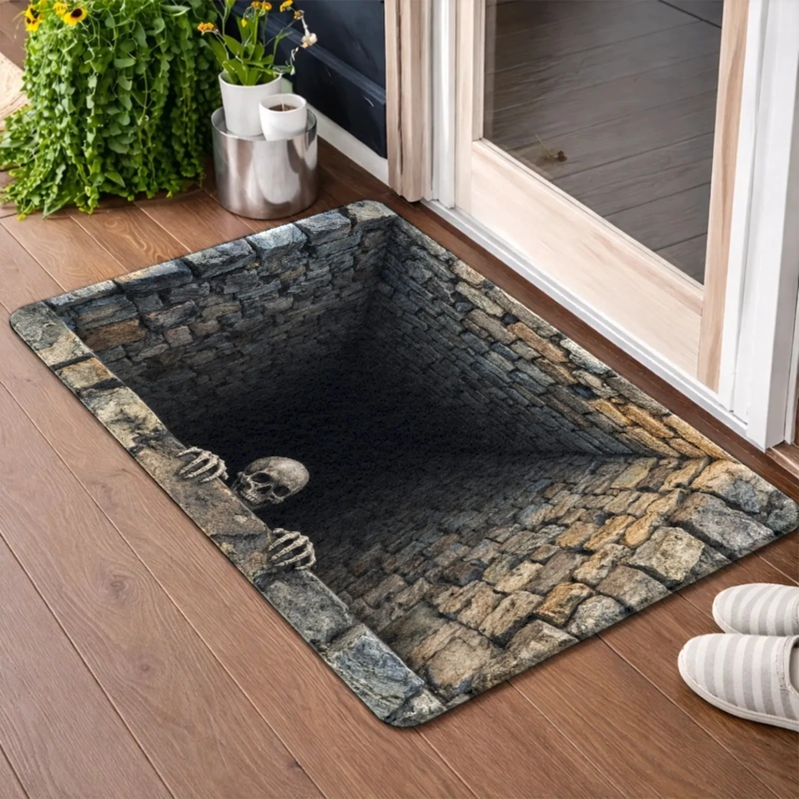 1pc 2D Flat Printing Flannel Material Door Mat, Outdoor Courtyard Door Mat, Skull Stone Wall Horror Style Flannel Floor Mat, Durable And Machine Washable