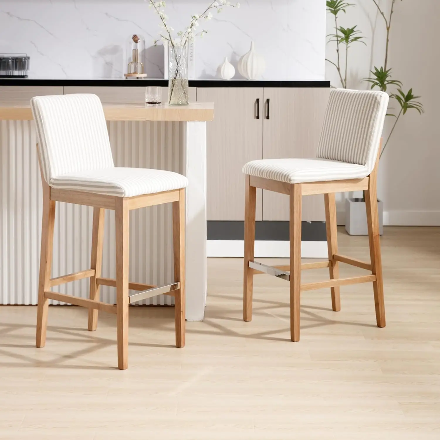 26 Inch Bar Stools Set of 2 with Back Support Linen Stripe, Customized