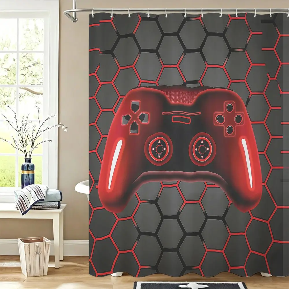 Shower Curtain Red Neon Controller Print Waterproof Fabric Modern Gamer Bathroom Decor Teens Bedroom Wall Art