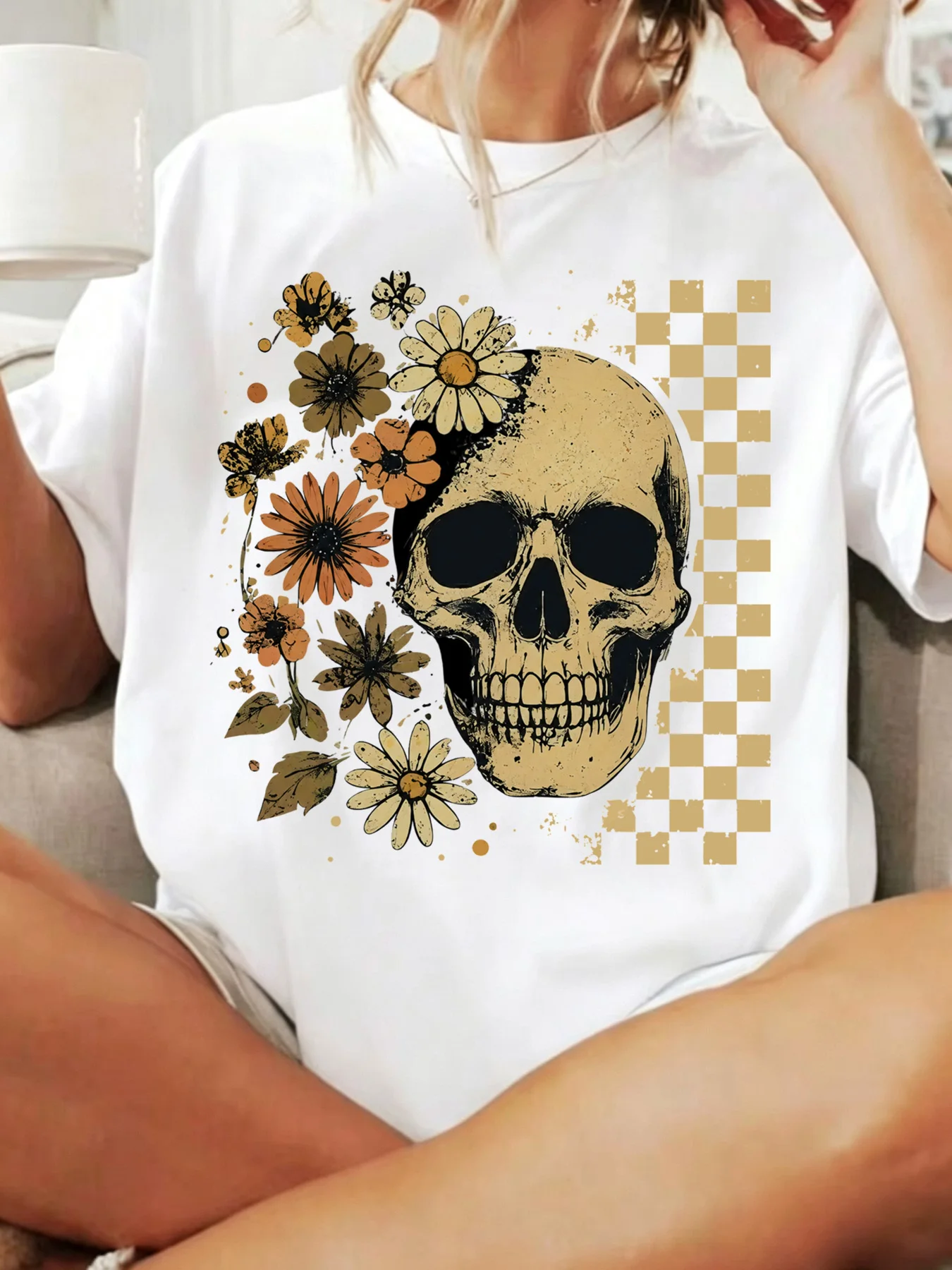 【SYJ080128】Large T-shirt Short sleeved Summer Clothing Flower Skull Checkered Printed Casual T-shirt Women's Trendy Large Top
