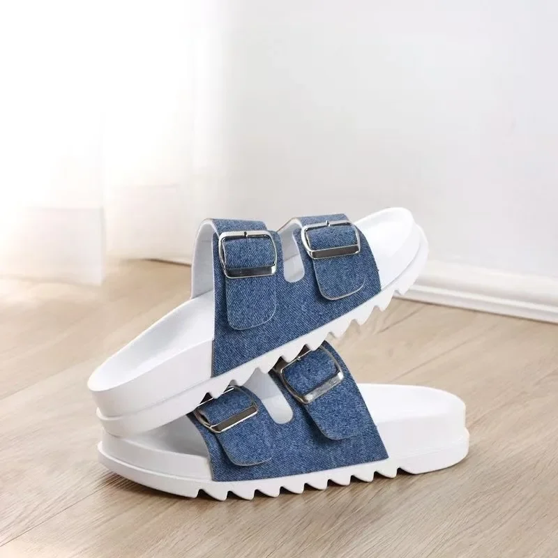 شباشب نسائية كلاسيكية من قماش الدنيم لعام 2025 أحذية شاطئ صيفية جديدة متعددة الاستخدامات صنادل على الطراز الروماني Sandales Élégantes Pantoufles #4