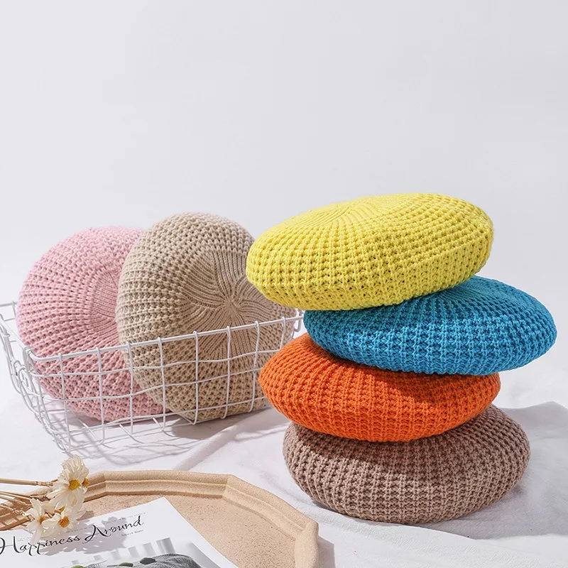 Solid Color Waffle Beret Hat Bright Multi‑color Soft Crochet Beanie Cap French Lightweight Headwear for Spring Autumn Daily wear