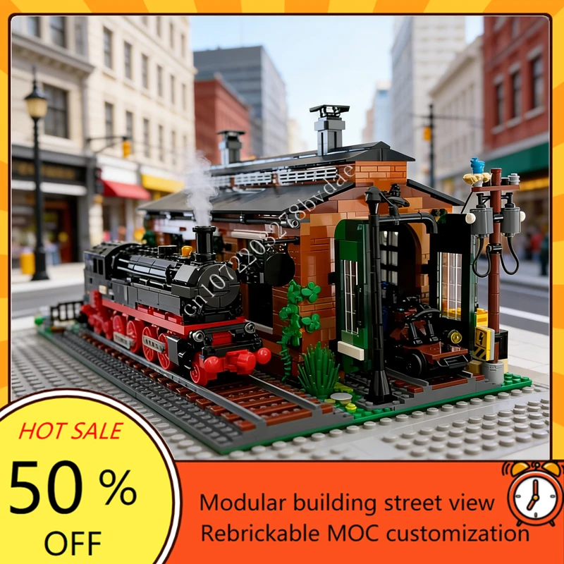2331PCS Old Train Engine Shed Modular MOC-910033 Creative street view Model Custom Puzzle Architecture Assembly Model Toy Gift