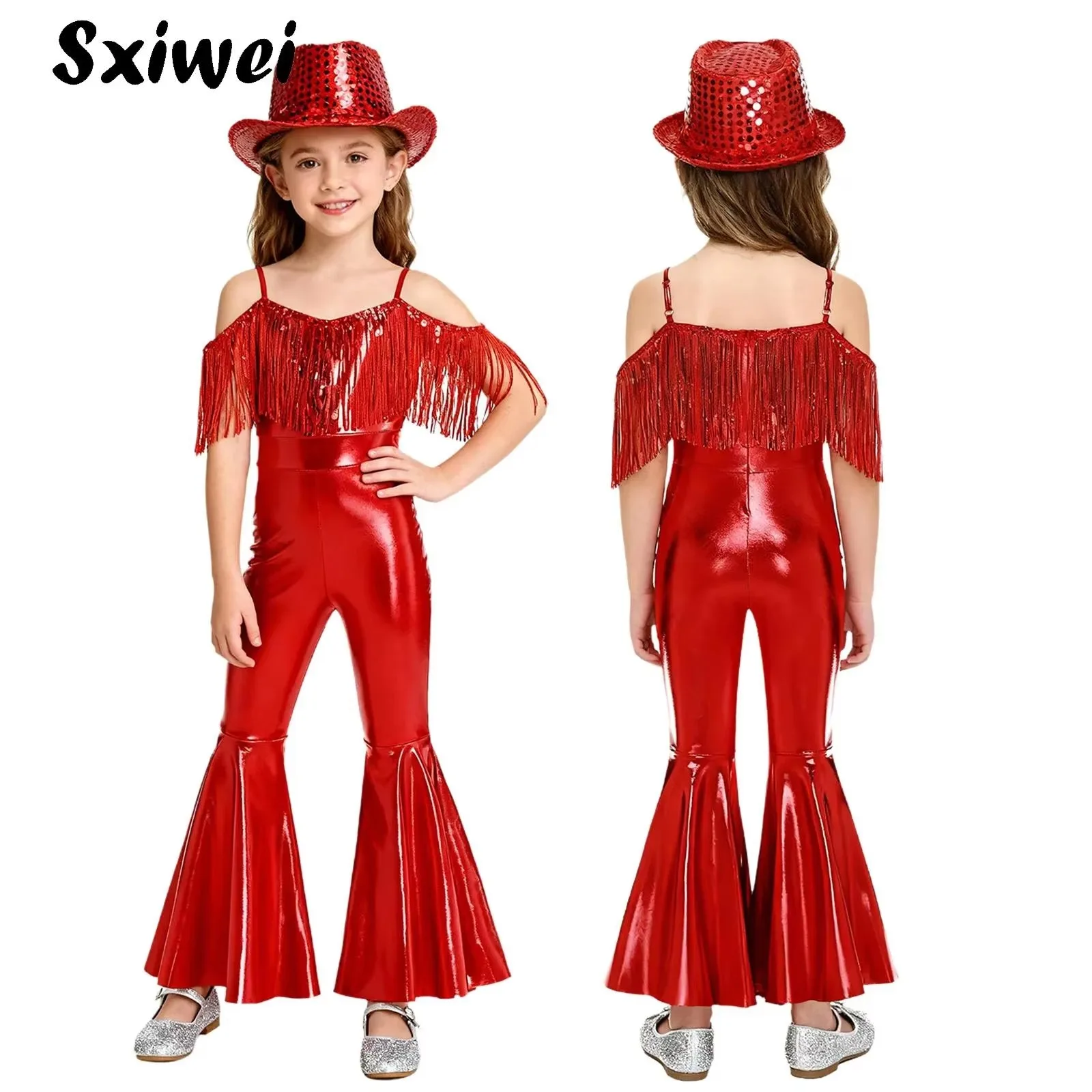 

Kids Girls Jazz Dance Costume Sparkly Sequin 70S Disco Flared Jumpsuit +Hat Tassels Hippie Bodysuit Banquet Pageant Party Romper