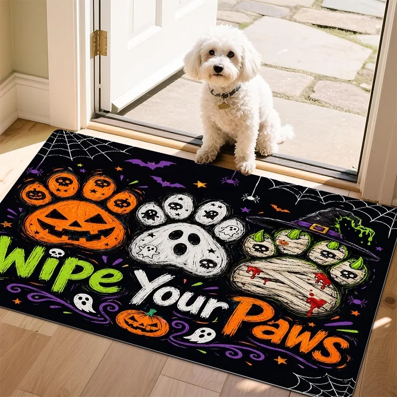 Halloween Paw Print Doormat, Pumpkin Ghost Spider Web Printed Floor Mat, Spooky Pet‑friendly Front‑door Rug
