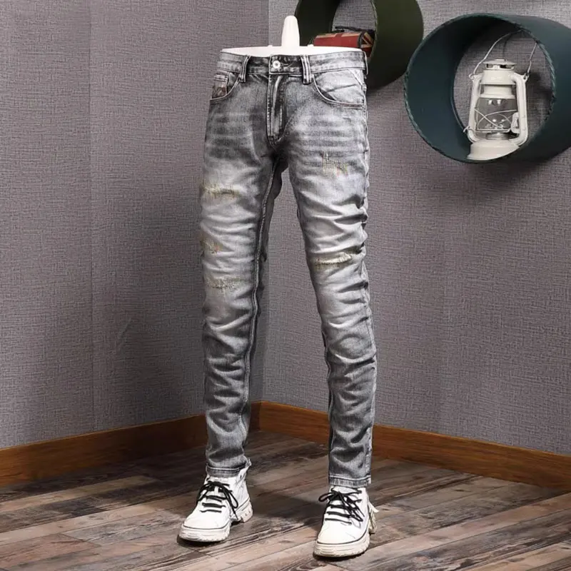 

Street Fashion Men Jeans High Quality Retro Gray Stretch Slim Fit Ripped Jeans Men Embroidery Designer Vintage Denim Pants Homme
